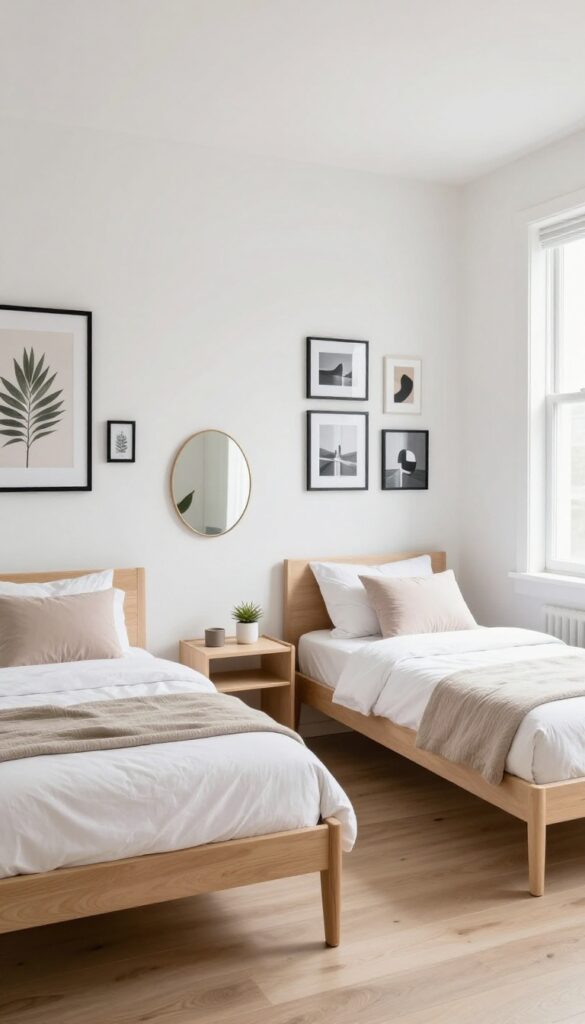Two gallery wall sections with matching frames on either side of a shared bedroom, each with different personal artwork and photos.
