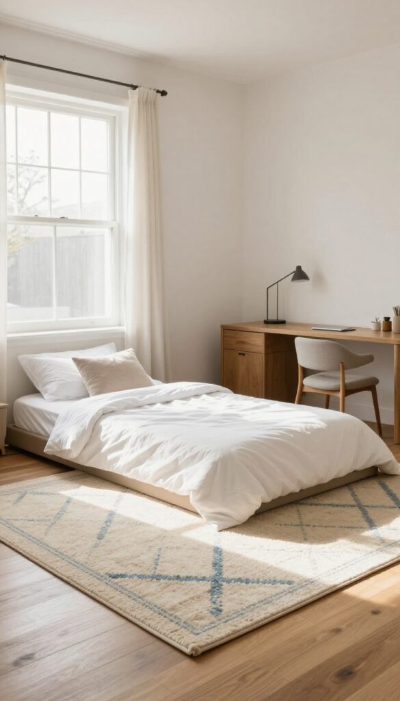 A cozy Murphy bed room with a large rug defining the sleeping area, hardwood floor, and a desk opposite, bright natural light.