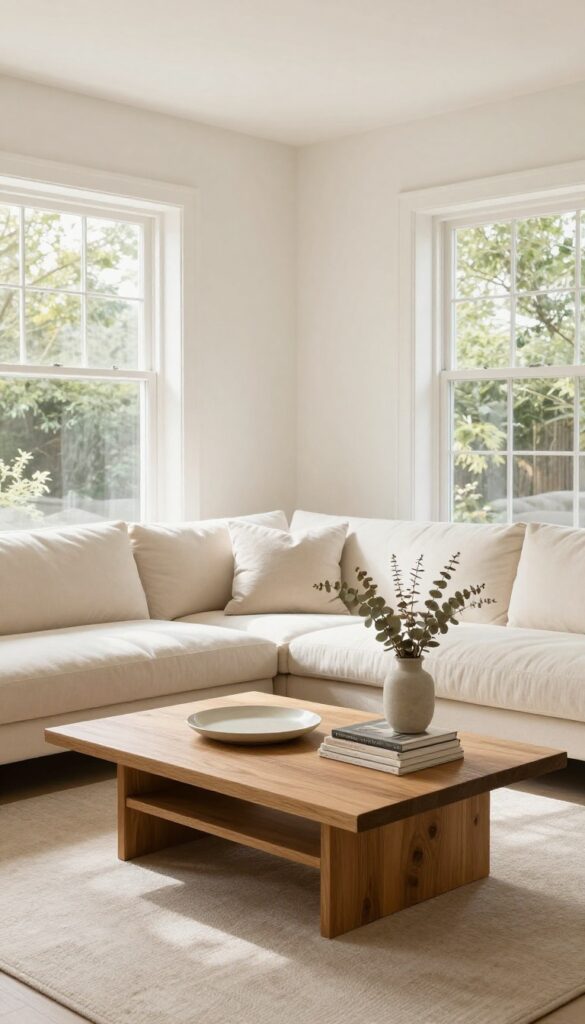 Cream couch with low wide coffee table in warm wood, styled with tray, books, and eucalyptus in bright living room