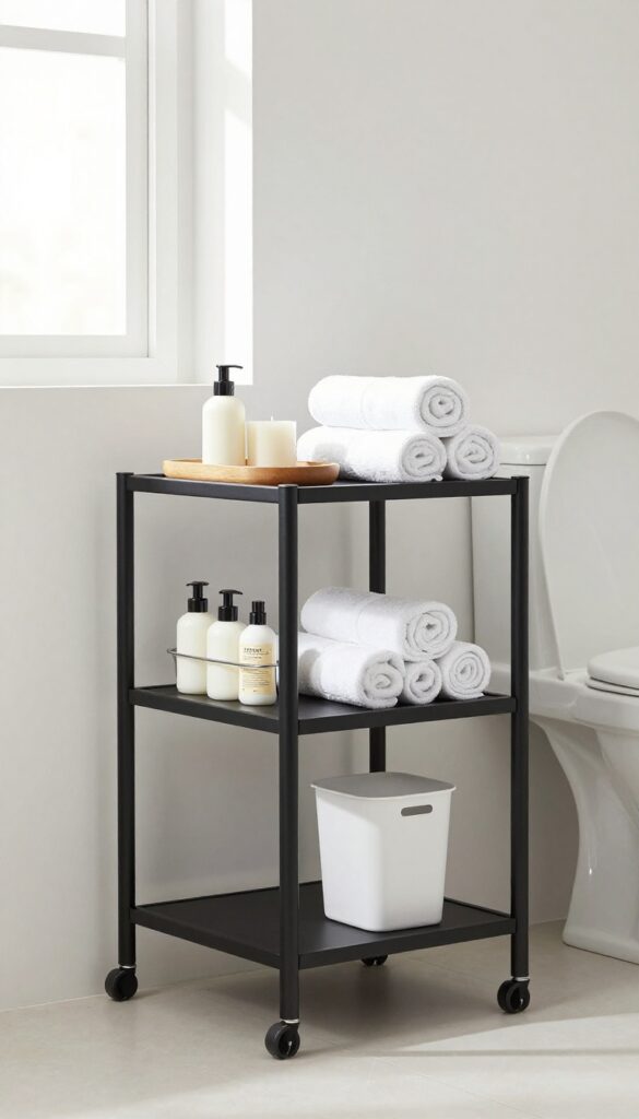 Slim rolling cart between toilet and wall holding rolled towels, toiletries, and a trash bin in a bright guest bathroom