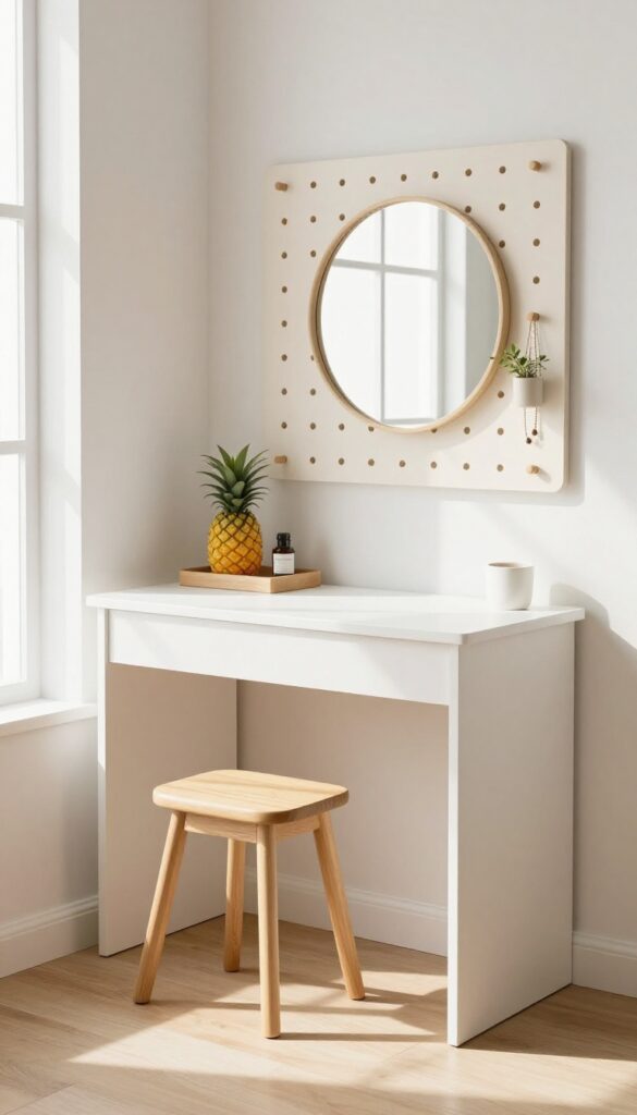 Hanging wall desk vanity in a bedroom corner with mirror, pegboard, and stool