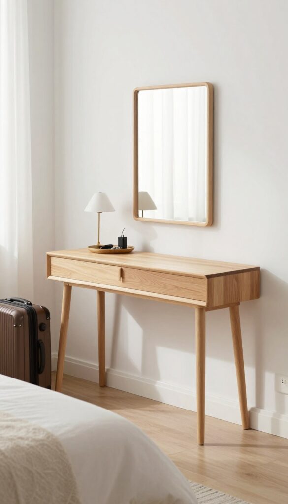 Slim console table in guest bedroom serving as desk, luggage rack, and vanity with lamp, tray, and mirror.
