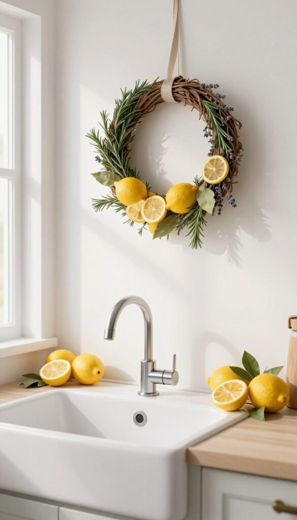 A lemon and herb wreath hanging above a kitchen sink in a bright, uncluttered kitchen.