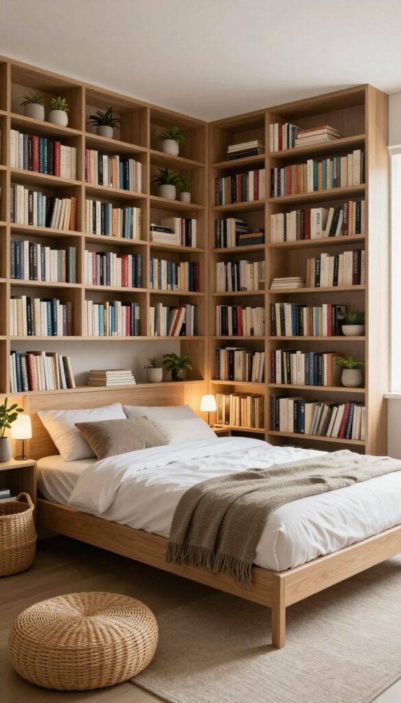 Murphy bed with built-in bookshelves on both sides, books and plants displayed, cozy guest bedroom.