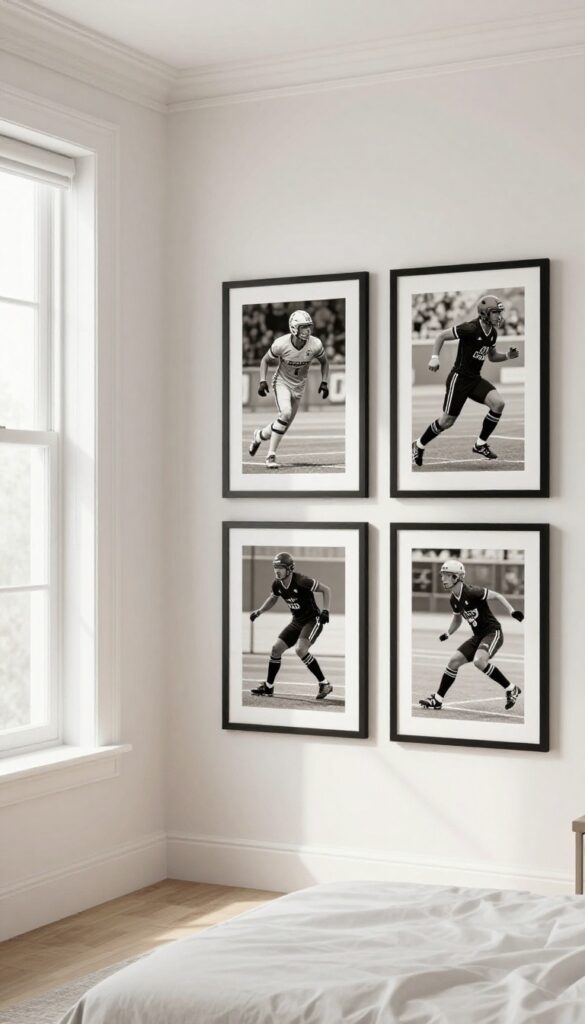 Gallery wall of black-and-white and sepia action shots of athletes in a bright bedroom