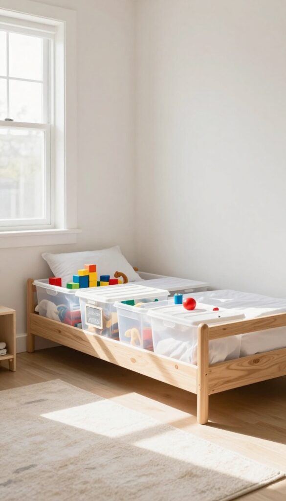 Kids' bedroom with under-bed storage using clear rolling bins