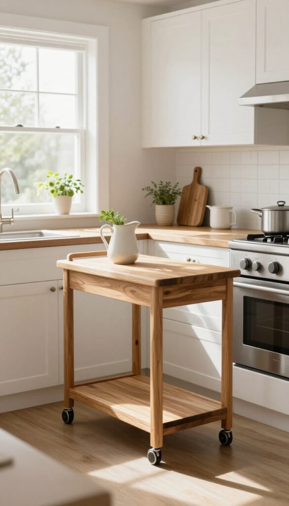 Mobile kitchen cart with butcher block top in a bright, cozy kitchen.