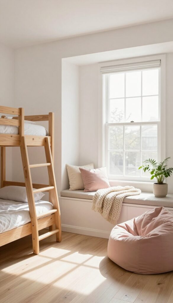 Shared girls bedroom with bunk beds and a cozy reading corner featuring a window seat and beanbag chair.