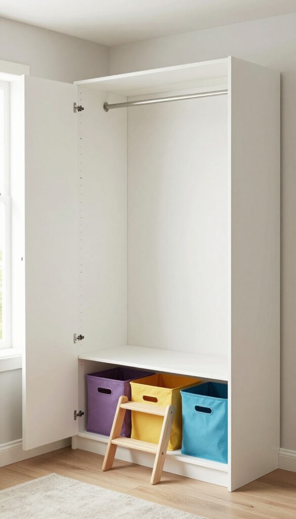 Open closet system with bins and hooks in a modern boys bedroom