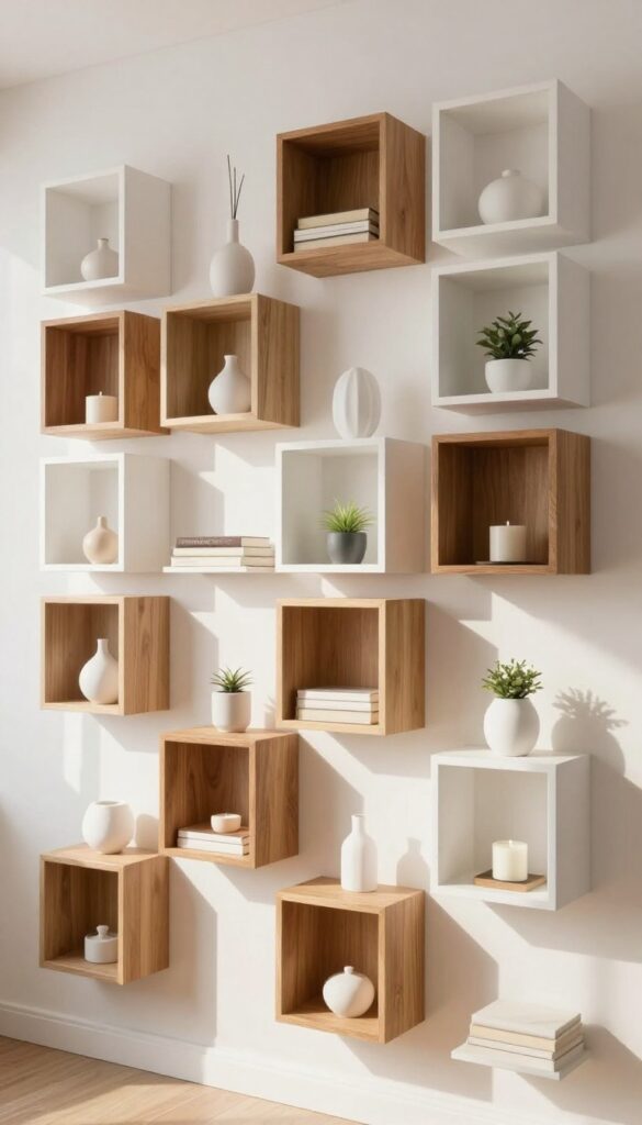 Asymmetrical floating cubes on a living room wall with decorative objects, bright natural light, minimalist interior design.