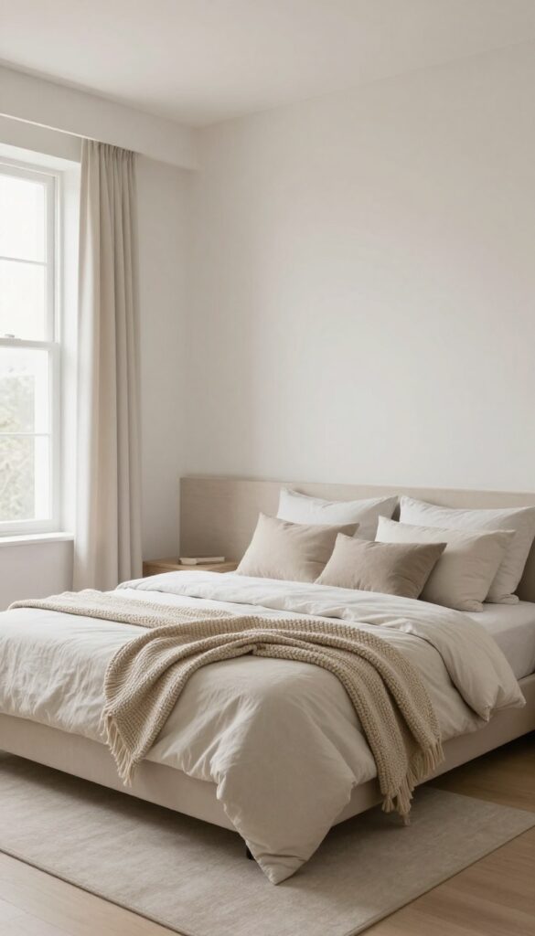 Small square bedroom with low-profile bed frame, neutral bedding, and natural light