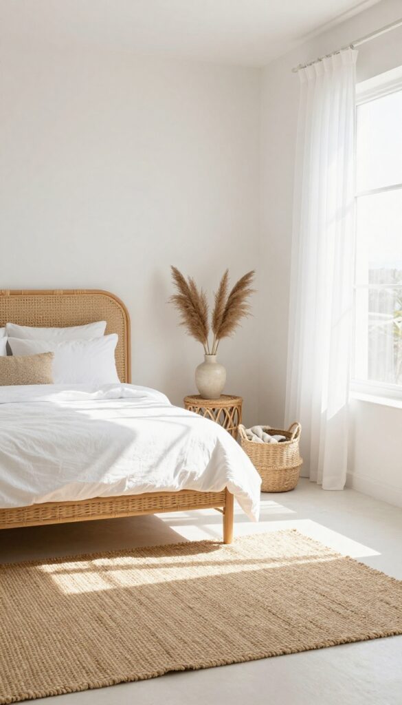Coastal bedroom with rattan headboard, seagrass rug, and woven accents in natural light