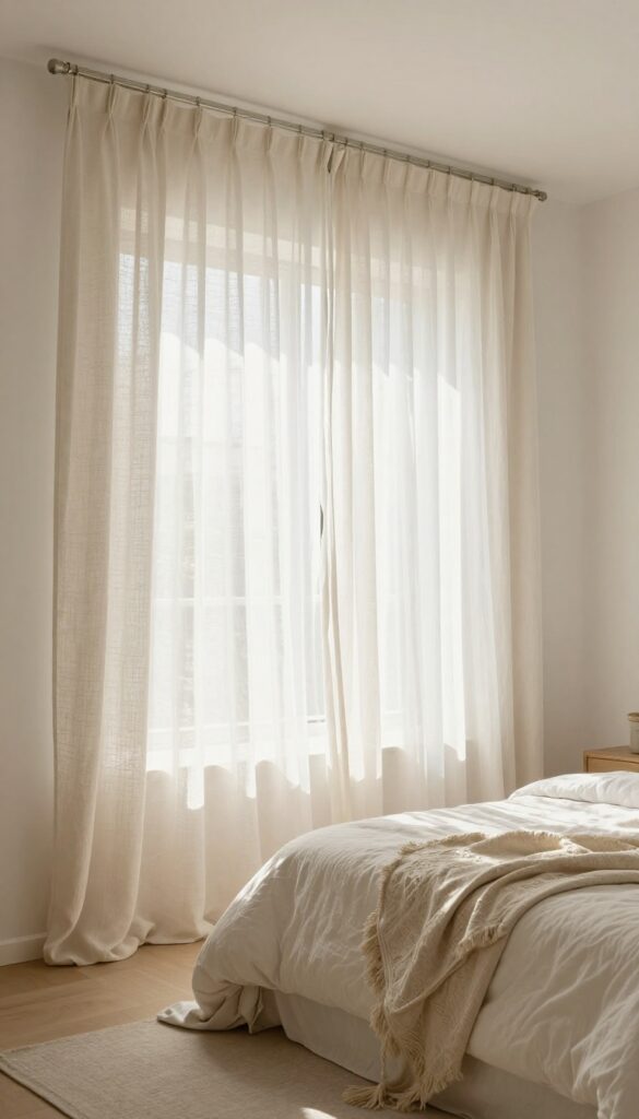 Boho bedroom with sheer linen curtains filtering sunlight, creating a warm and airy atmosphere