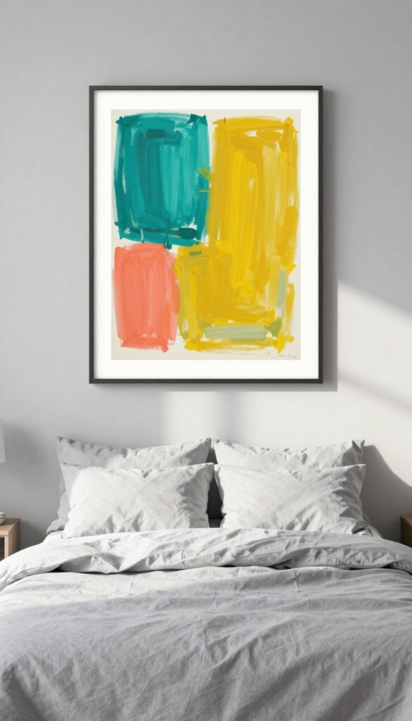 Grey bedroom with a pop of color from a thrifted abstract painting above the bed