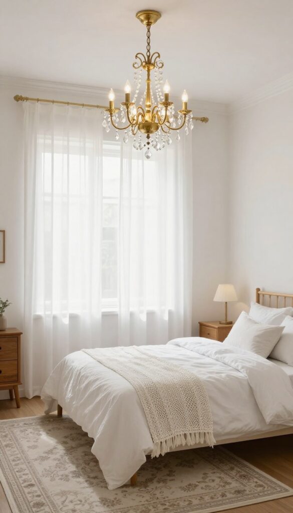 Vintage girl's bedroom with a brass crystal chandelier, soft warm lighting, cozy bed, and natural light