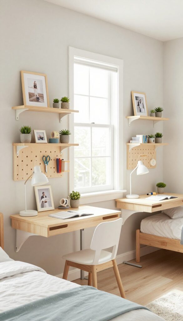 Two wall-mounted desks side by side in a shared kids' bedroom, with lamps and decorations, pegboard between them, twin beds in background.