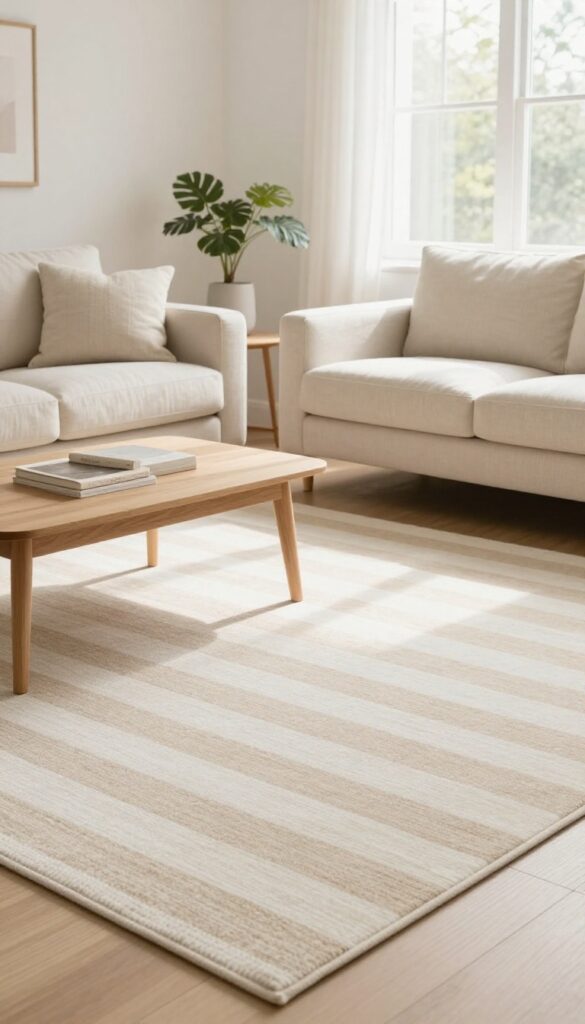 Living room with soft beige and white striped carpet, light wood coffee table, cream sofa, and natural light.