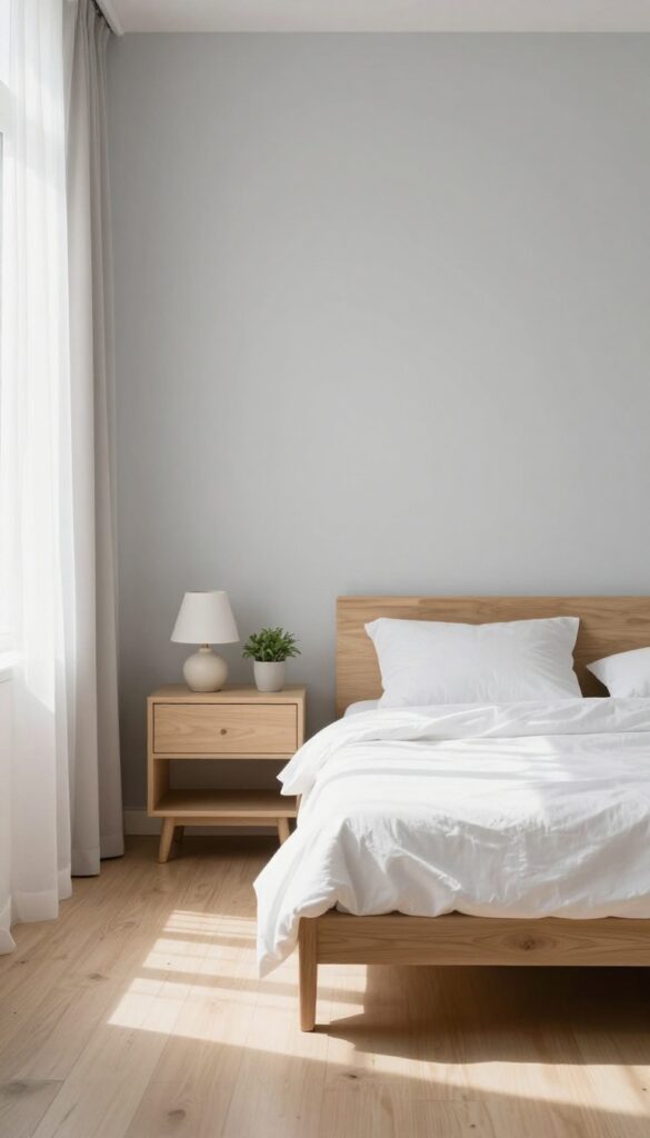 Minimalist bedroom with essential furniture only, clean surfaces, and natural light