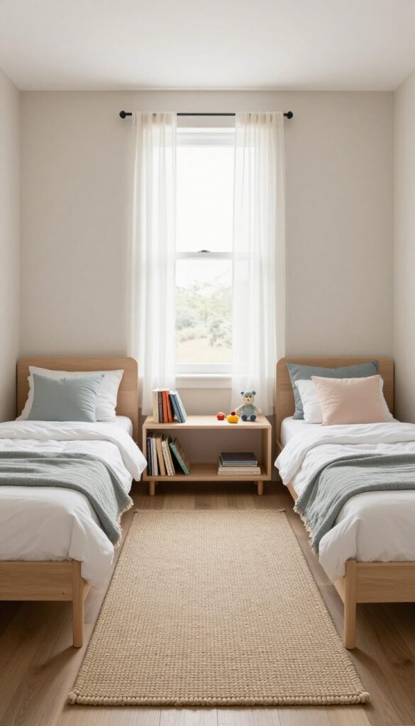 Two twin beds with a shared headboard wall in a bright children's bedroom