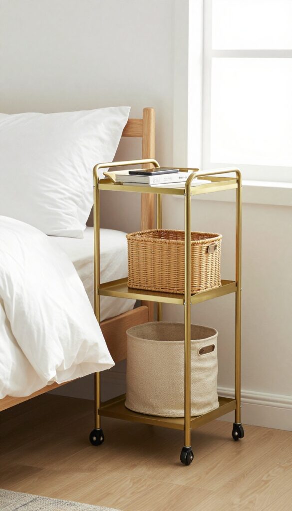 Narrow rolling cart between bed and wall in small bedroom with storage bins
