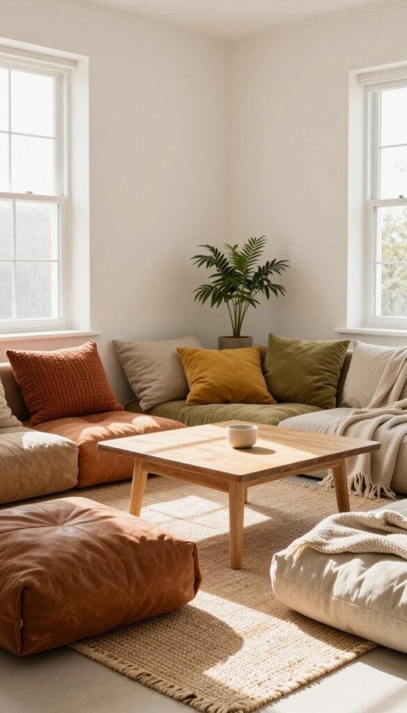 Cozy guest room corner with floor cushions in earthy tones around a low table, natural light, bohemian style