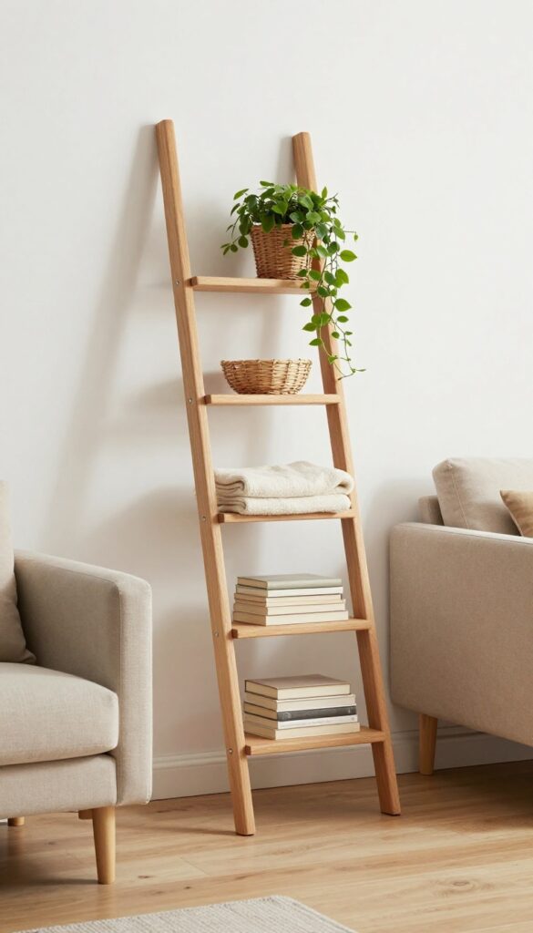 A leaning ladder shelf styled with a blanket, basket, plant, and books in a bright living room.