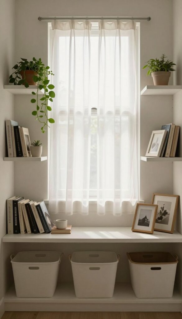 Window frame shelving in a small bedroom with white floating shelves around a window, holding books and decor, natural light, cozy and airy.
