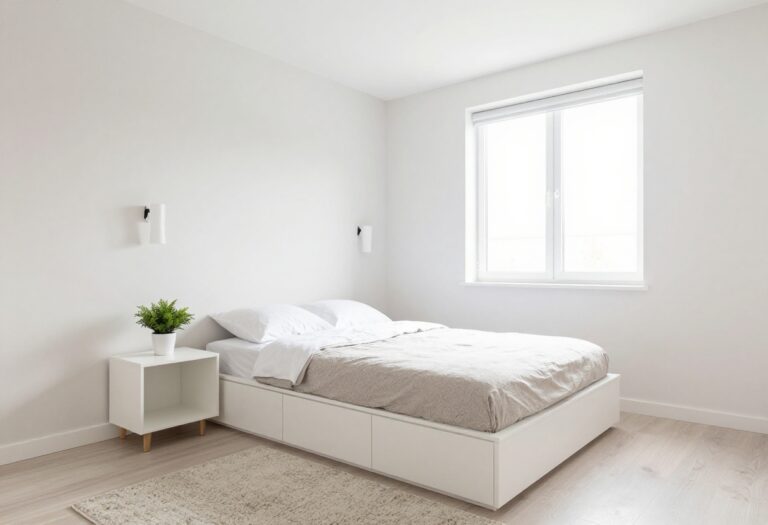 Small bedroom with platform bed and built-in drawers, floating nightstand, and wall sconce