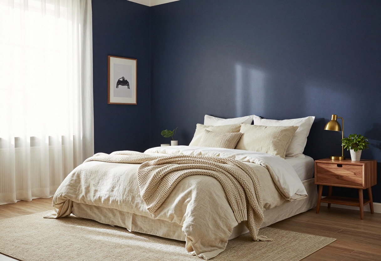 Bright blue bedroom with navy accent wall, cream bedding, walnut nightstand, brass lamp, and potted plant in natural light