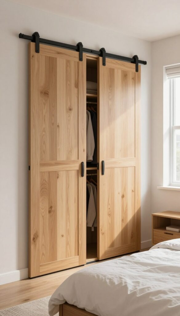 Small bedroom with a sliding oak barn door closet, bed with white linens, and natural light