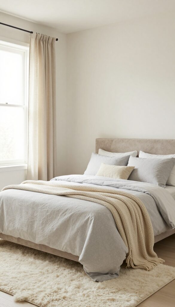 Light monochromatic bedroom with textured layers and natural light