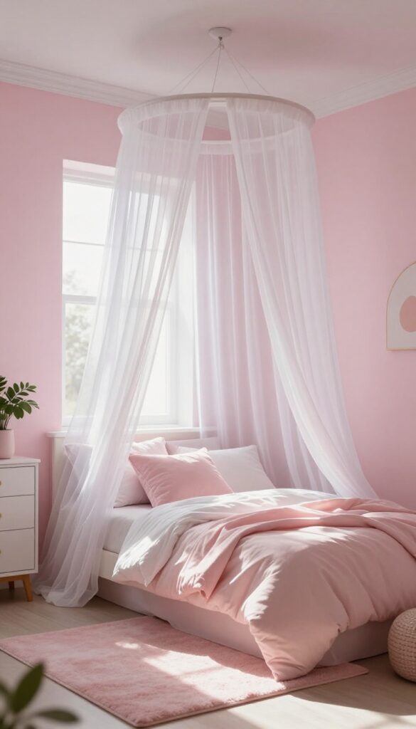 Pink girls bedroom with sheer white canopy drapes creating a dreamy, soft look with filtered sunlight.