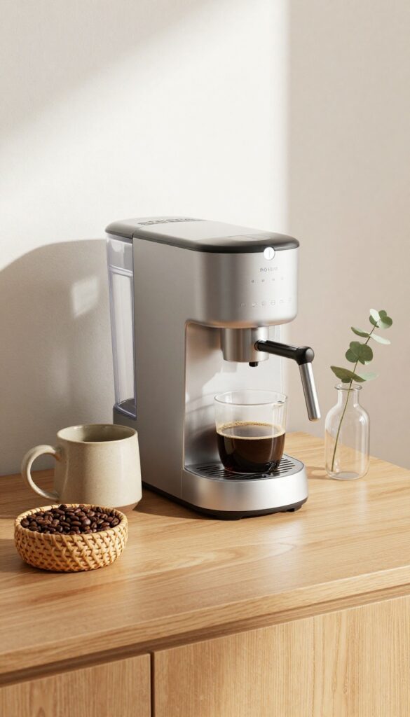A compact coffee station on a countertop with a coffee maker, mugs, a basket of beans, and a eucalyptus sprig in natural light.