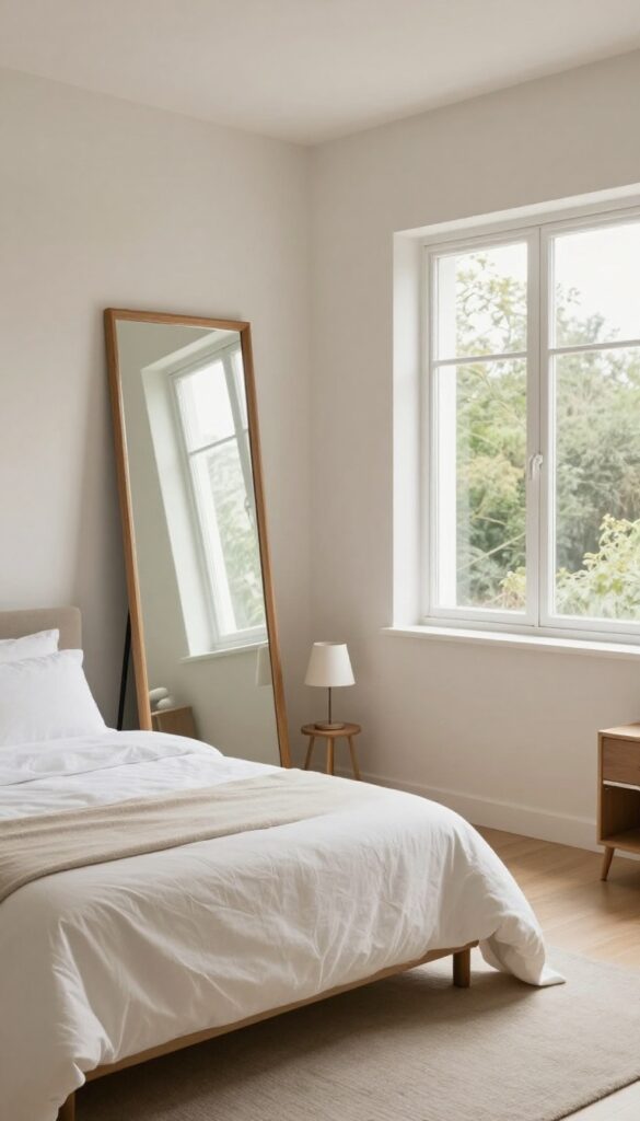 Small guest bedroom with a large mirror leaning against the wall, reflecting light and space, soft bedding and calm decor.
