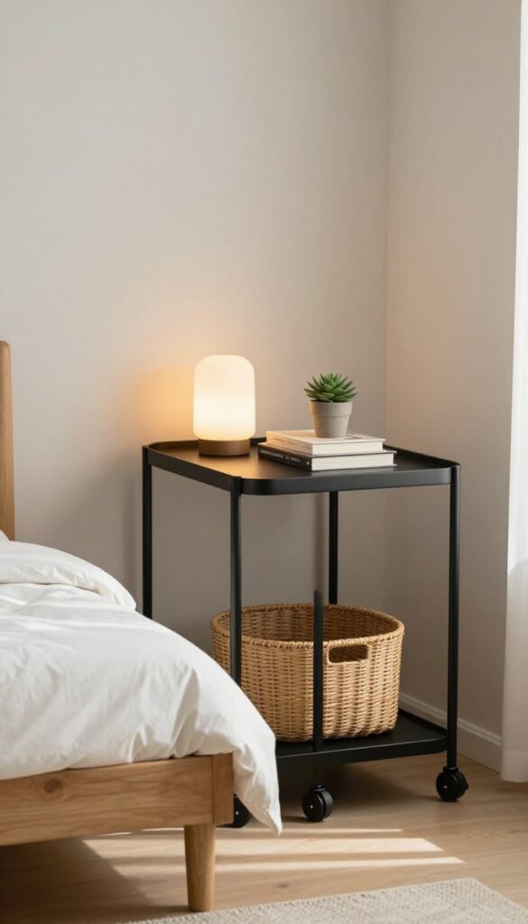 A slim black rolling cart used as a mobile nightstand beside a low bed in a small bedroom, with a lamp, plant, and books on top.