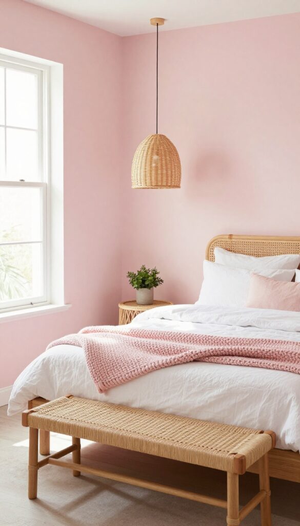 Bright bedroom with blush pink walls, rattan headboard, linen bedding, and natural light.