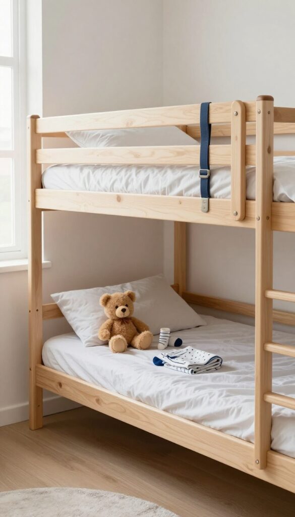 Hanging fabric bins on bunk bed rails storing toys and clothes in a bright, organized children's bedroom