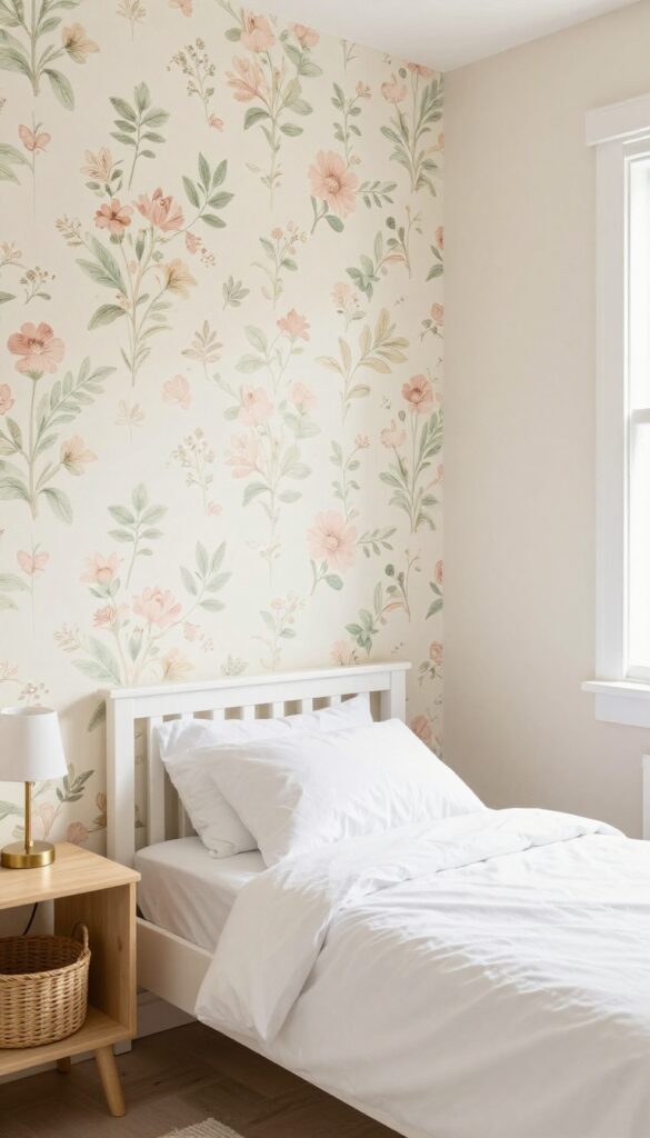 A children's bedroom with a vintage floral wallpaper accent wall, white bed, and soft natural light.