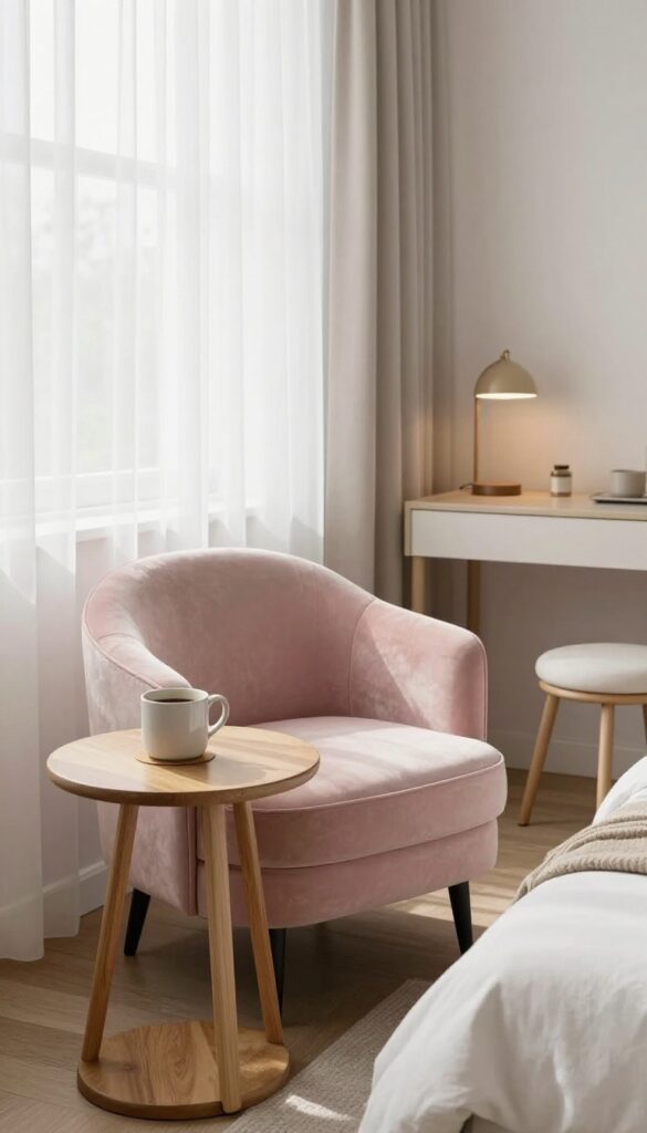 Cozy guest bedroom office with a plush armchair, side table, and lamp in a bright corner near a window.