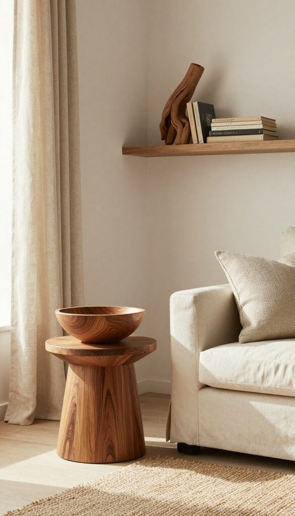 Cozy boho living room with natural wood accents, including a wooden side table, carved bowl, driftwood sculpture, and linen textiles.