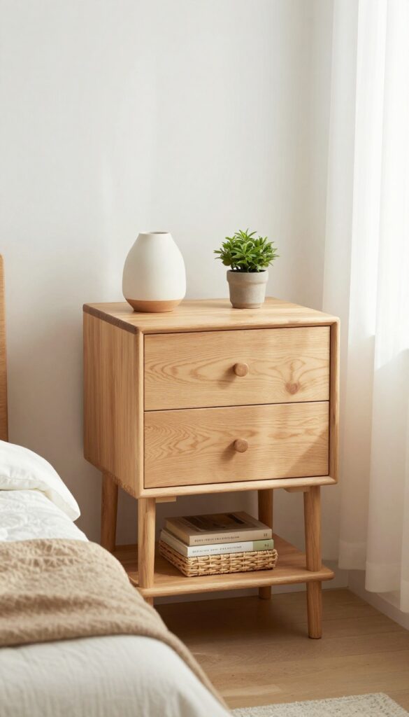Compact nightstand with storage in a small square bedroom, featuring a drawer and open shelf, with lamp and plant on top, natural light.