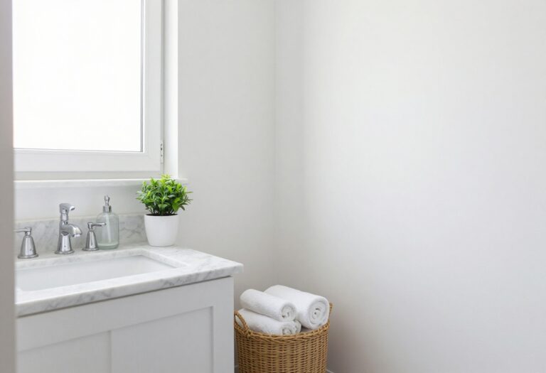Light and airy guest bathroom with white towels, a glass soap dispenser, and a small plant on a marble countertop.