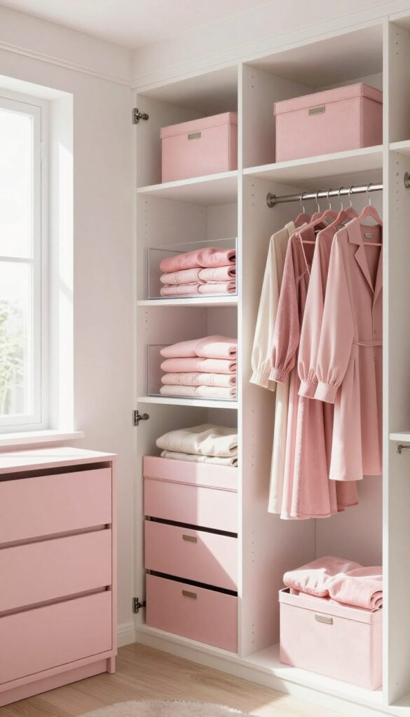 Organized closet system with pink storage bins and velvet hangers in a bright, airy walk-in closet.