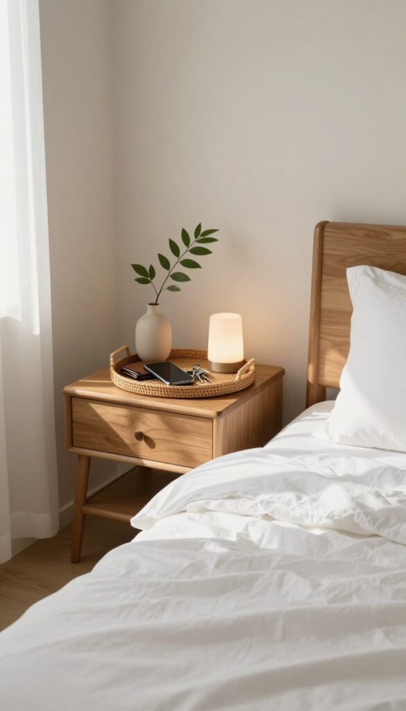 A guest room nightstand with a clear surface and a woven tray holding a phone, keys, and wallet, with a lamp and vase nearby.