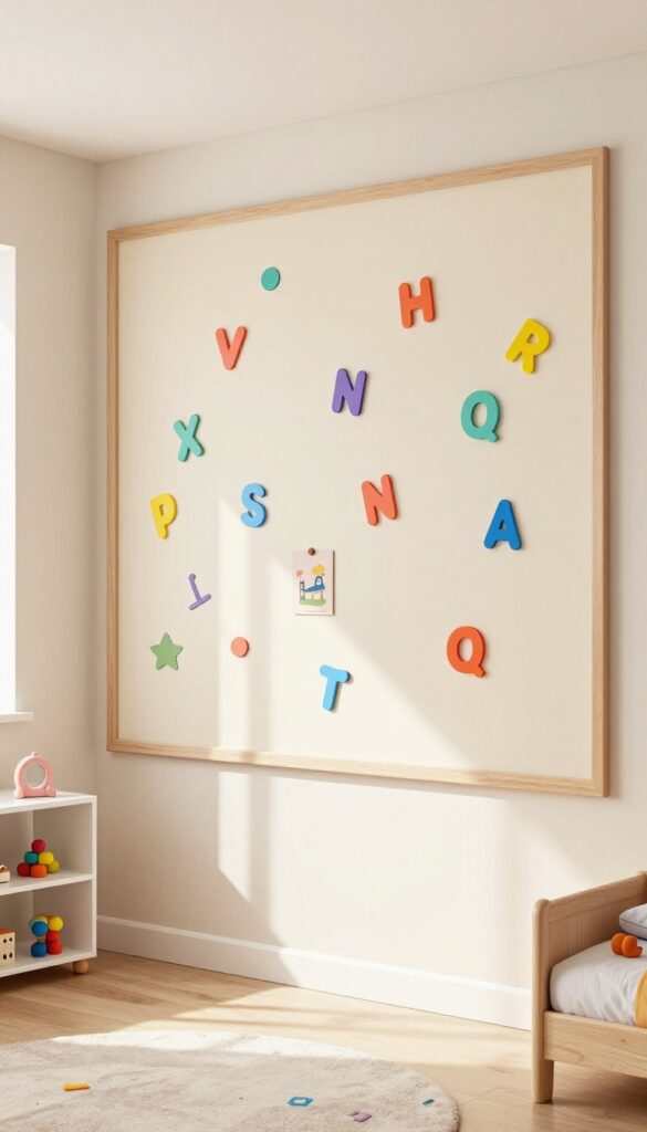 A small kids' bedroom with a magnetic wall displaying colorful artwork and magnetic toys, framed by wood trim, with natural light and a tidy, playful atmosphere.