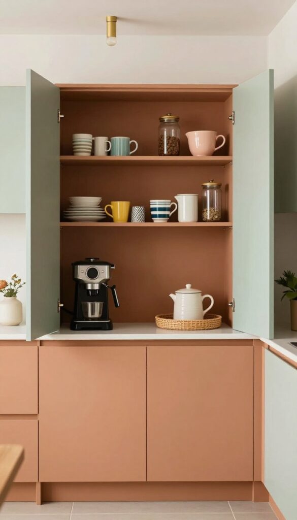 Open corner cabinet coffee station with warm terra-cotta interior, open shelves with mugs, and a coffee maker on a slim countertop.