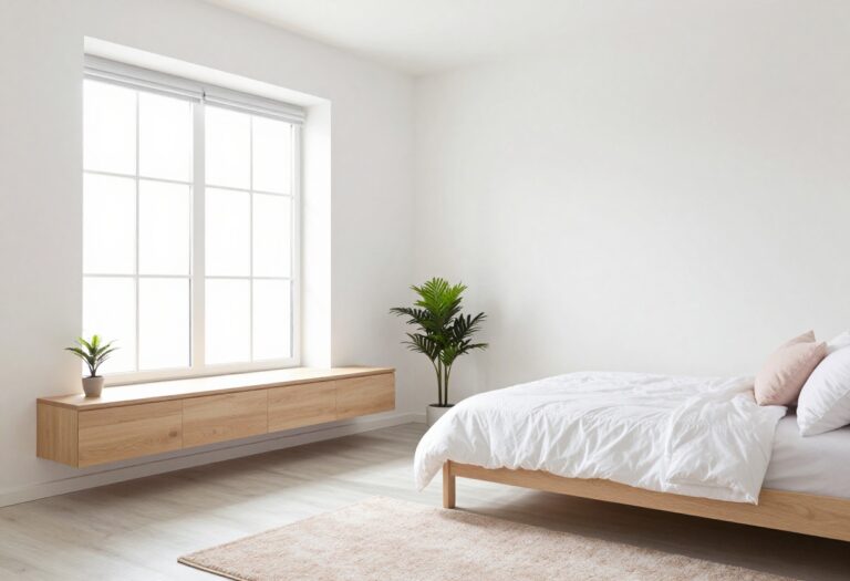 Light and airy teen bedroom with a floating desk by the window, white bedding, and a blush rug