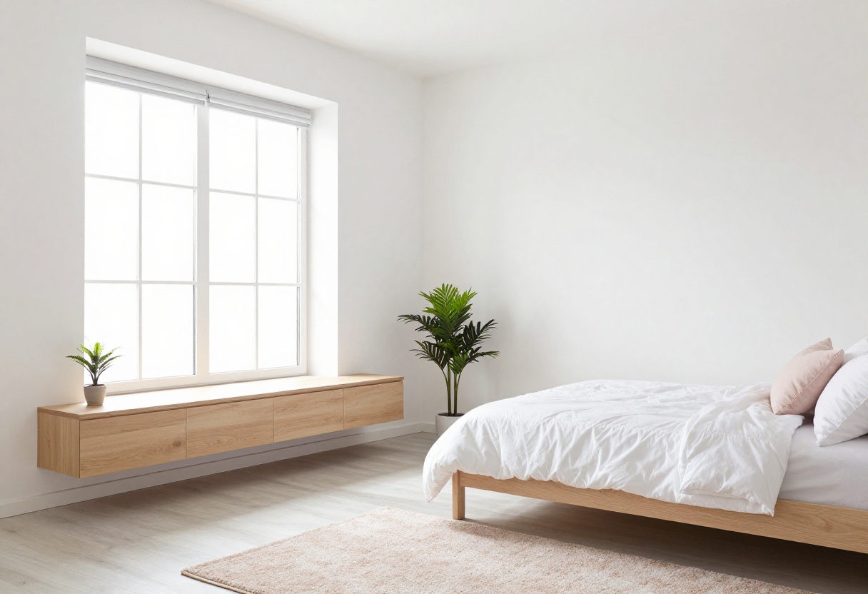 Light and airy teen bedroom with a floating desk by the window, white bedding, and a blush rug