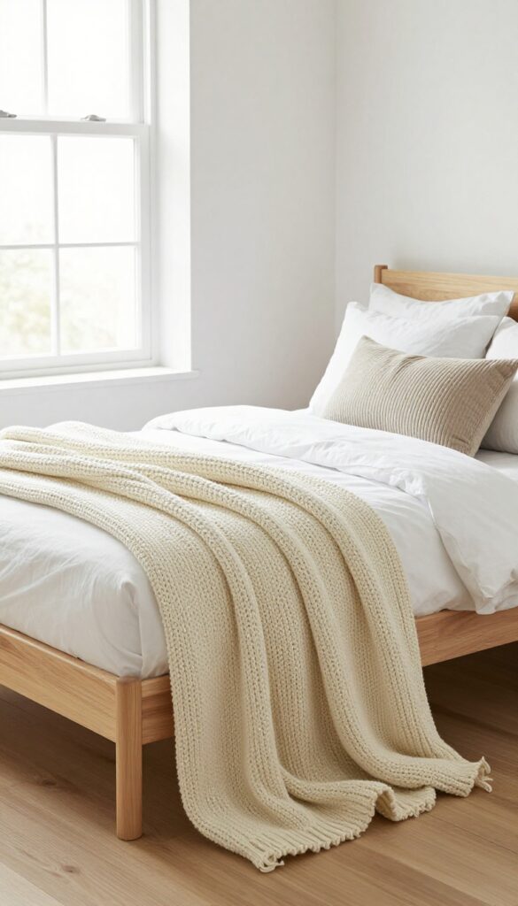 Cozy boy's bedroom with chunky knit throw draped over bed, layered textures, neutral tones, natural light.