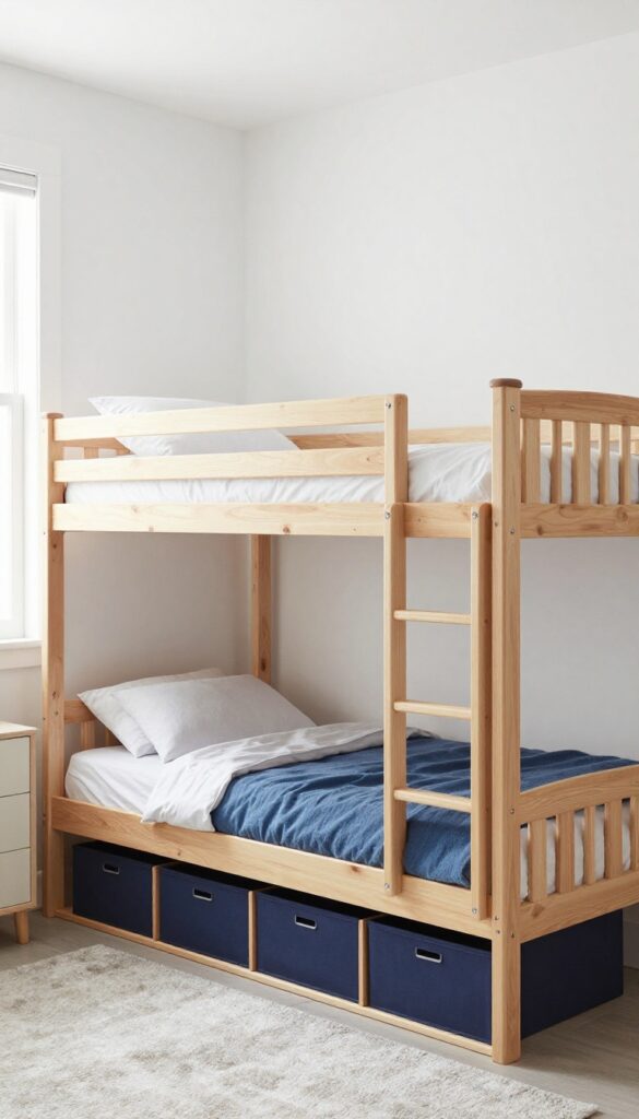 Twin-over-full bunk bed with under-bed storage bins and low dresser in a bright, organized bedroom